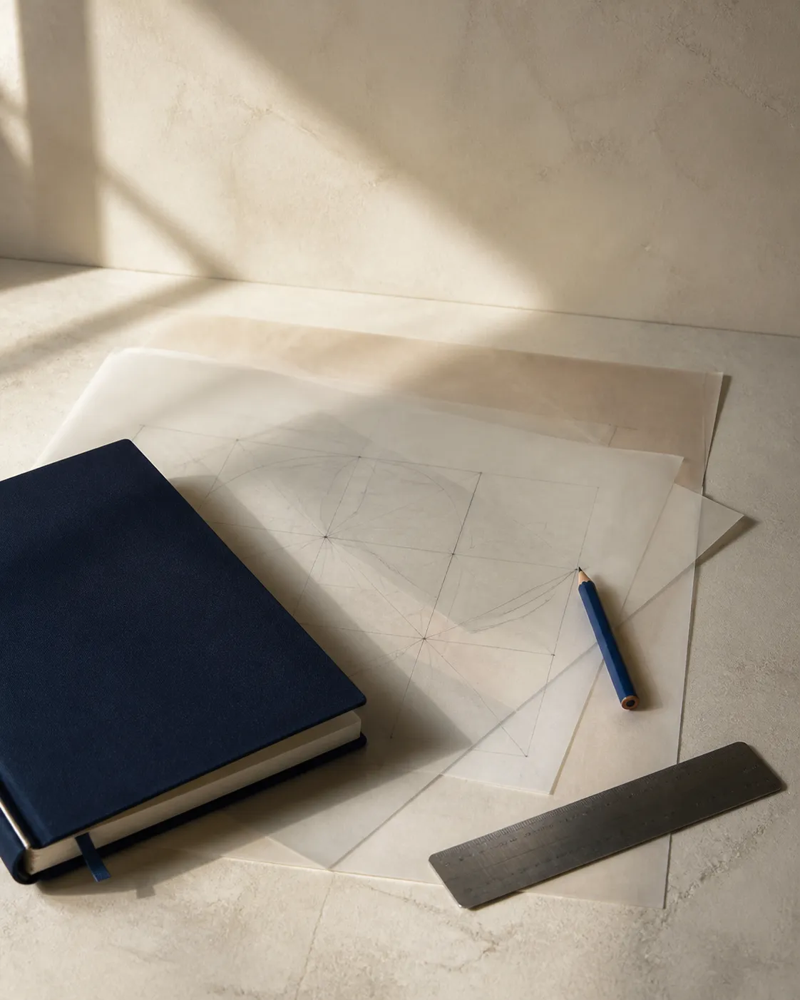 Materiais de desenho e um caderno em uma mesa de trabalho