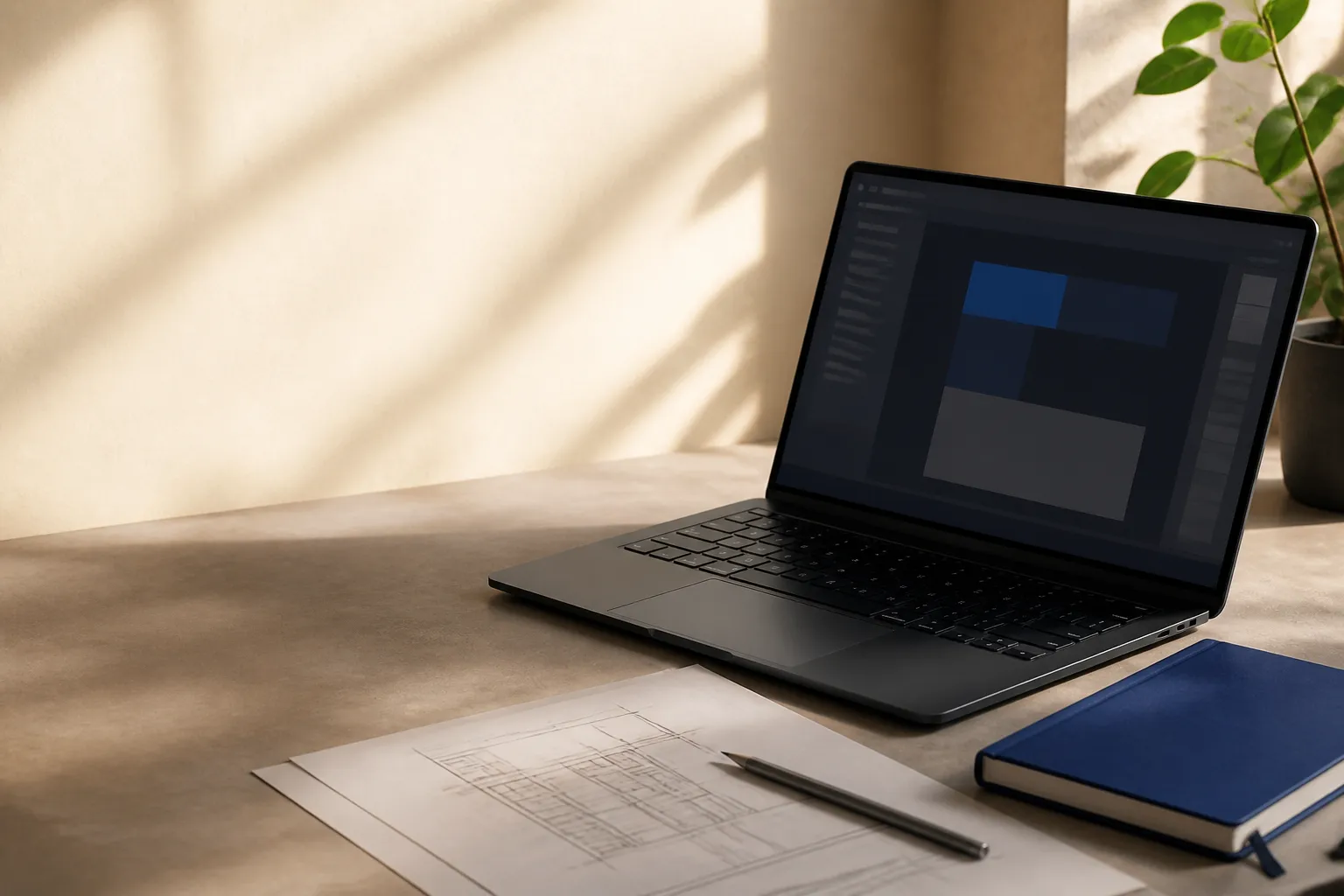 Mesa de trabalho com notebook e materiais de processo em um estúdio